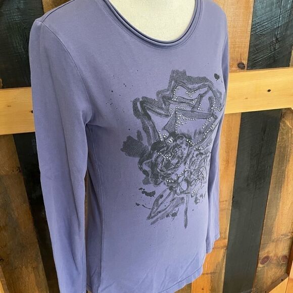 S Oliver long sleeved cotton purple graphic floral tee with embellishments - Picture 5 of 6
